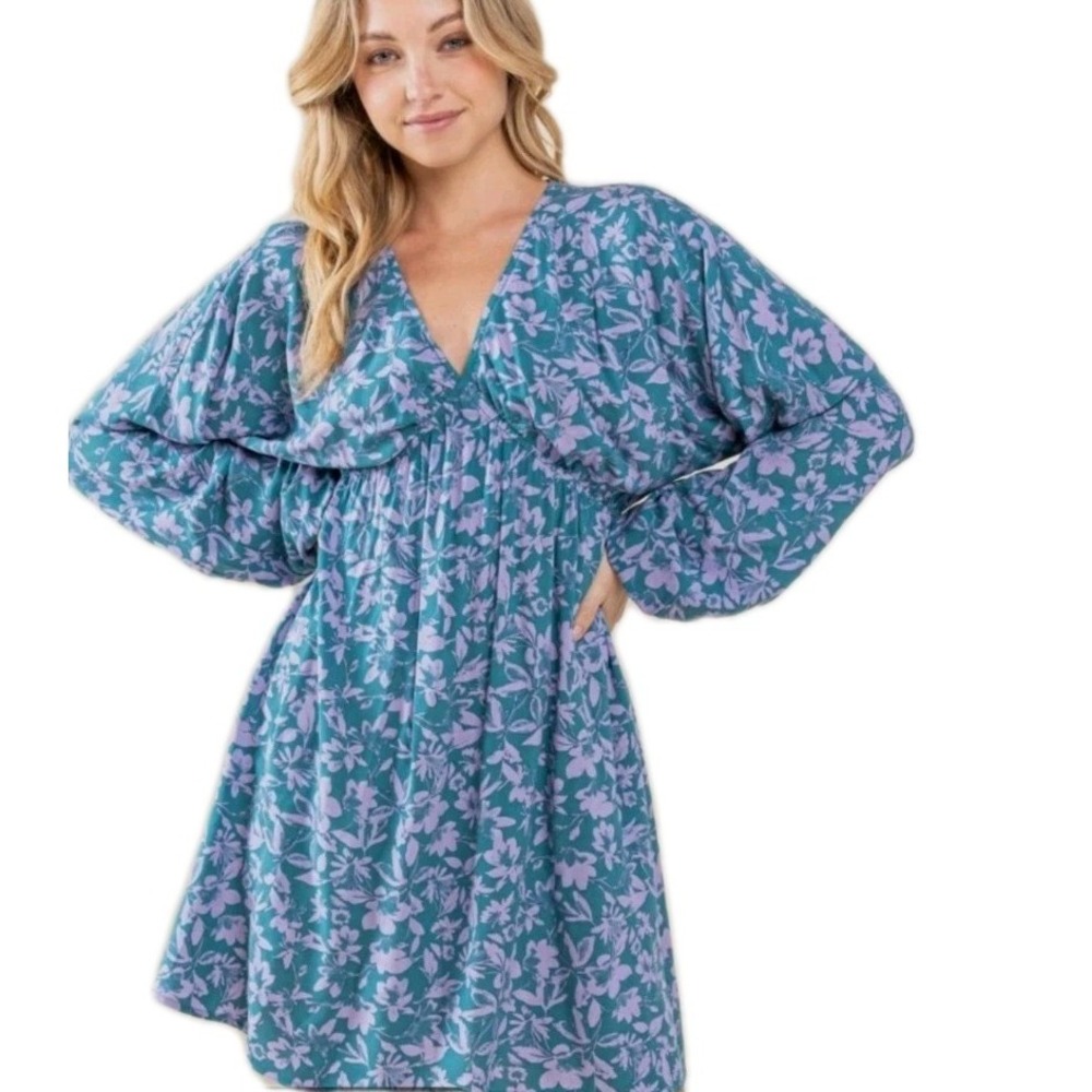 Heyson Babydoll‎ Dress Size S Lavender Teal Floral Mini Long Sleeve V Neck
